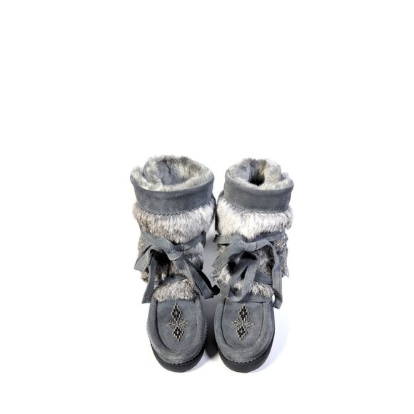 Manitobah Mukluks Wrap Gray Suede Shearling & Rabbit Fur Boots Womens Size 5 - Picture 7 of 10
